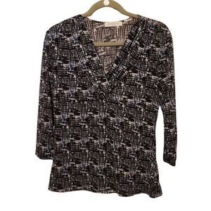 Liz Claiborne Womens Sz PS Blue Black Geometric 3/4 Sleeve Blouse